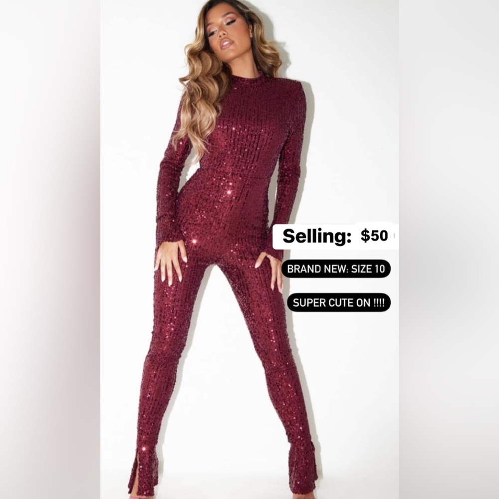 PrettyLittleThing Sparkling Maroon Jumpsuit